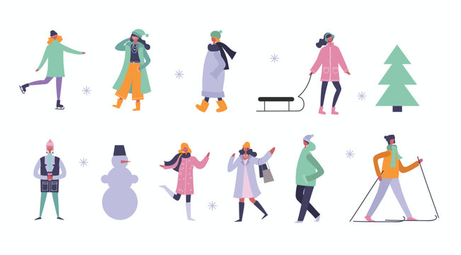 People in winter outwear walking flat vector illustrations set. Tiny people, romantic couples having fun, enjoying festive mood cartoon set. Kids and adults celebrating Christmas outdoors.