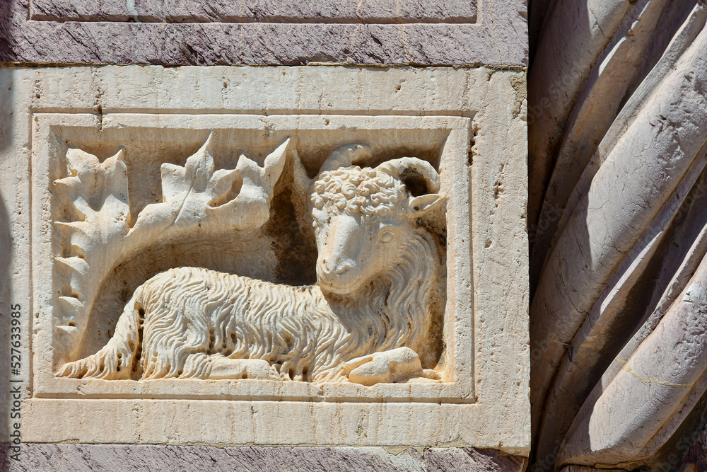 Wall mural Detail of the carved marble frame of the side portal of the Cathedral of St Lawrence depicting a sheep next to an acanthus leaf, Grosseto, Tuscany, Italy