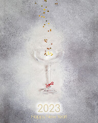 xmas, congratulations card, 2023, winter holiday, surface, texture, gold confetti, champagne glass,...