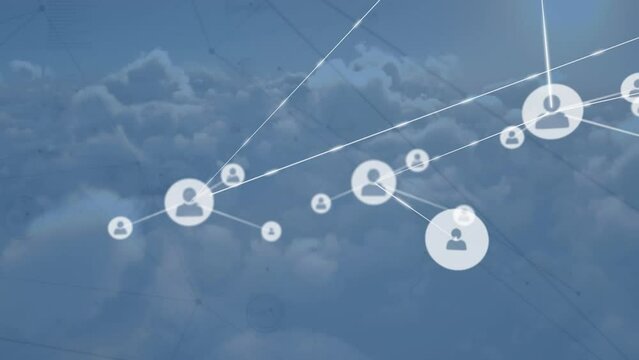 Animation of network of connections with people icons over sky with clouds