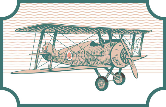 vector image of an old aviation biplane in the style of an old vintage retro postcard	