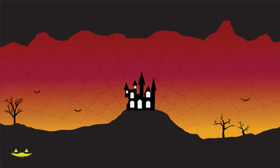 Halloween Background Illustration with a Haunted House, Bats, Pumpkin, Spider Web and Red Sky