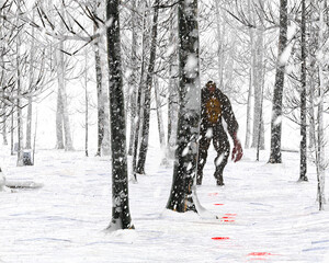 3d illustration of a Gugwe bigfoot variant stood in a snowy forest with a trail of blood leading to it