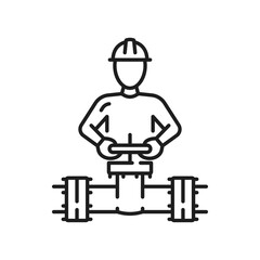 Pipe with valve ball, fittings man and piping system isolated outline icon. Vector industrial faucet for water, oil, gas pipeline, pipes sewage. Construction pressure technology plumbing and plumber