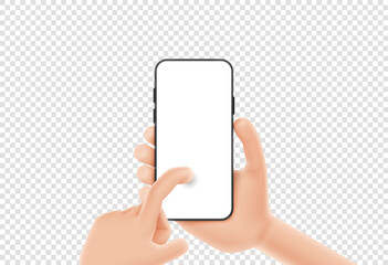 3d cartoon hand holds smartphone. Template of smart phone with blank display in cartoon hand isolated on checkered background. Vector illustration mobile device concept.