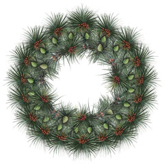 Fototapeta na wymiar christmas wreath of pine branches and cones illustration