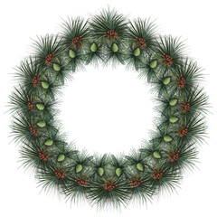 Fototapeta na wymiar wreath of evergreen pine branches with cones illustration