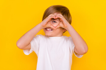Portrait of handsome funny cheerful pre-teen boy looking through heart symbol isolated over bright...