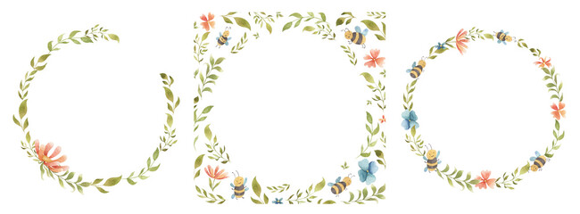 Cute watercolor frames with foliage, flowers, bees. Summer wreath set, spring borders for invitations, greeting cards, logo design - obrazy, fototapety, plakaty