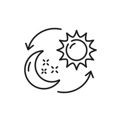 Change of day and night concept isolated thin line icon. Vector sun, half moon and stars, arrows. Sunshine and moonlight, evening and morning, nighttime and daytime, healthy night sleep and activity