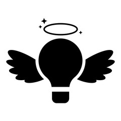 Angel light bulb black silhouette icon isolated on white background. Lightbulb with wings and halo. Flat design simple clip art good idea vector illustration.