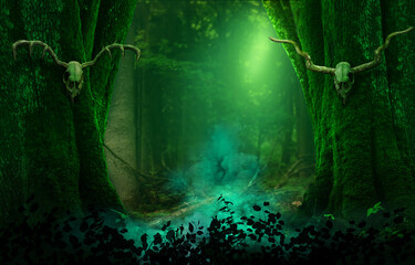 Pagan forest. Horned skulls on mossy trees, blue smoke deep in enchanted woods. Druid ritual scene