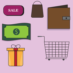 set of shopping icon illustration currency gift basket wallet sale bag vector supermarket 
