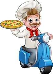 Cartoon Pizza Chef on Delivery Moped Scooter