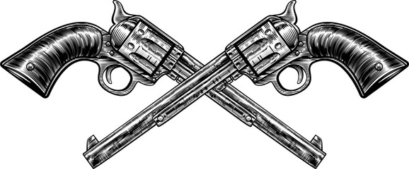 A pair of crossed pistol guns in a vintage etched engraved style