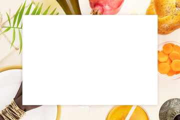 Rosh hashanah, Jewish New Year holiday background. Traditional symbols, apples, honey, carrots, hala and table setting with bottle of champagne and gift with empty space for your text