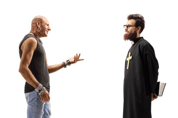 Profile shot of a male hipster talking to a priest