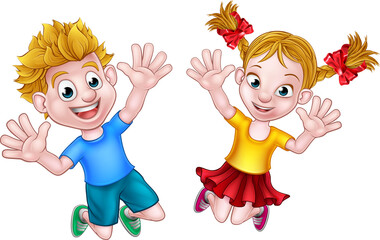 Boy and Girl Jumping Cartoon