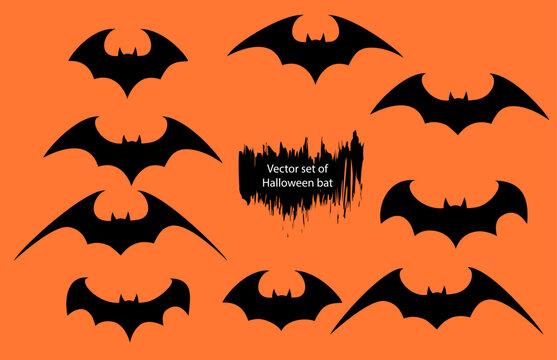 Vector set of different Halloween bats. Halloween flying bats. Vampire vector bat. Dark silhouette of bat flying in a flat style