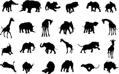 A safari African animal silhouette set including elephants, giraffes, rhinos and lions