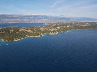 Obraz premium Aerial view of Potocnica, Lun and Novalja in island of Pag, archipelago of Croatia. Panoramic drone view of waterfront, idyllic and turquoise sea in Novalja, Adriatic Sea in Dalmatia region. 