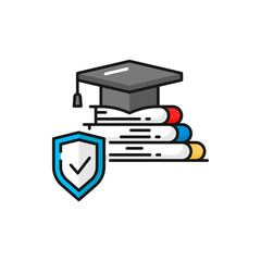 Education insurance color outline icon, isolated mortar cap on pile of books and study protection shield. Education security vector sign, student safety