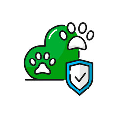 Animals insurance isolated color outline icon. Vector cat or dog paws and security sign, pets welfare and shelter sign, veterinary assistance