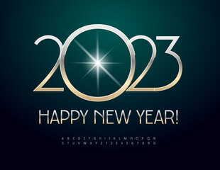 Vector elegant greeting card Happy New Year 2023! Slim silver Font. Chic metallic Alphabet Letters and Numbers set