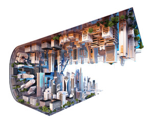 Inception style futuristic curved cityscape creative concept illustration. Future smart city skyline surreal 3D scene. Skyscrapers, towers, tall buildings. Urban view of eco friendly megapolis town