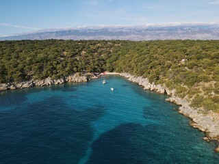 Aerial view of Potocnica, Lun and Novalja in island of Pag, archipelago of Croatia. Panoramic drone...