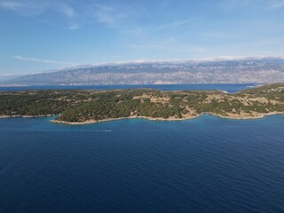 Aerial view of Potocnica, Lun and Novalja in island of Pag, archipelago of Croatia. Panoramic drone view of waterfront, idyllic and turquoise sea in Novalja, Adriatic Sea in Dalmatia region.
