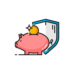 Personal savings, isolated save money insurance color outline icon. Vector financial loss protection symbol, risk management sign, piggy bank with shield