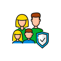 Family wellness, medical and healthcare insurance isolated color outline parents, kids and protective shield. Family members security and assurance