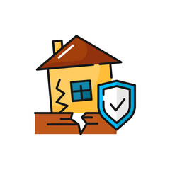 Insurance on house being damaged by earthquake isolated color outline icon. Natural disaster insurance scene, vector home foundation failure