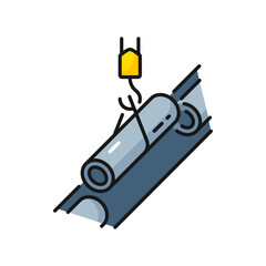 Metal pipe on tap isolated pipeline construction color outline icon. Vector lifting hook moving loads with iron pipe, oil and gas industry equipment