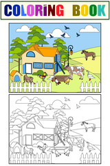 Fototapeta premium Set coloring book and color picture. Farm animals cow, pig, bird, building, horse, agronomy. In minimalist style