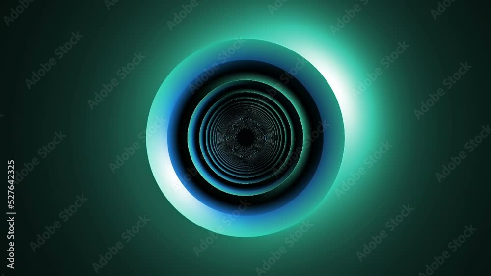 Wall mural abstract 3d fractal rotating and zooming circle design element in blue and green color. modern futur