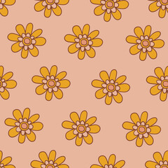 Retro floral groovy vector seamless pattern surface design, textile, stationery, wrapping paper, covers. 60s, 70s, 80s style. Abstract squares with vintage backgrounds