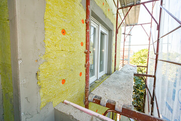 View at thermal wall of residential building, insulation material, rock wool