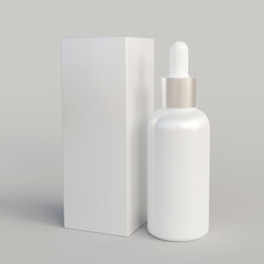 Serum glass bottle with box isolated on white background. 3D Rendering