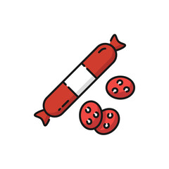 Butchery food German sausage meat whole and cut color outline icon. Vector bratwurst sausage from chicken or turkey, Germany traditional food