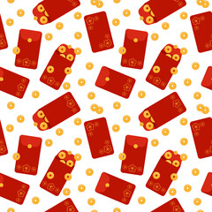 Angpao pattern. Vector seamless white background with red envelopes hongbao. Chinese festive traditional gift with coins, money for New Year, birthday, wedding and other. Flat repeat illustration