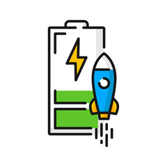 Fast car battery charge isolated color icon of rocket speed charging. Vector boost energy charging, bolt or flash sign, electric vehicle quick charge