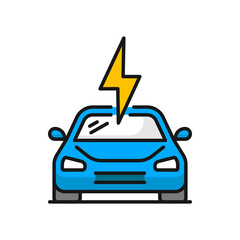 Electric car charge, sign on thunderbolt energy power symbol isolated color icon. Vector eco vehicle charging point, parking space for hybrid cars