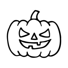 Doodle carved pumpkin. Jack-o'-lantern, symbol of Halloween holiday. Hand-drawn vector illustration