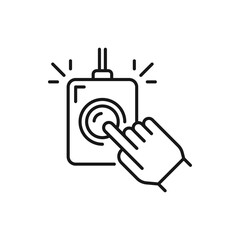 Hand of doctor pushing control button on CT scanner, mri scanning outline icon. Vector radiologist pressing start button on CAT scanner at clinic