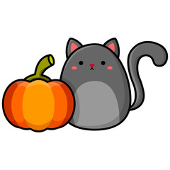 Cartoon illustration of a gray cat and pumpkin. Vector illustration for Halloween.