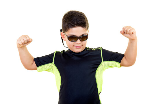 Confident Little Boy is Showing His Strength on White Background