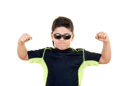 Strong Little Boy is Showing His Strength on White Background