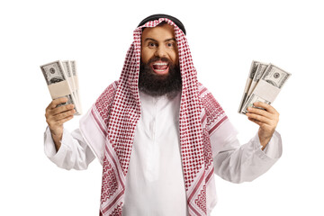 Excited saudi arab man holding stacks of money